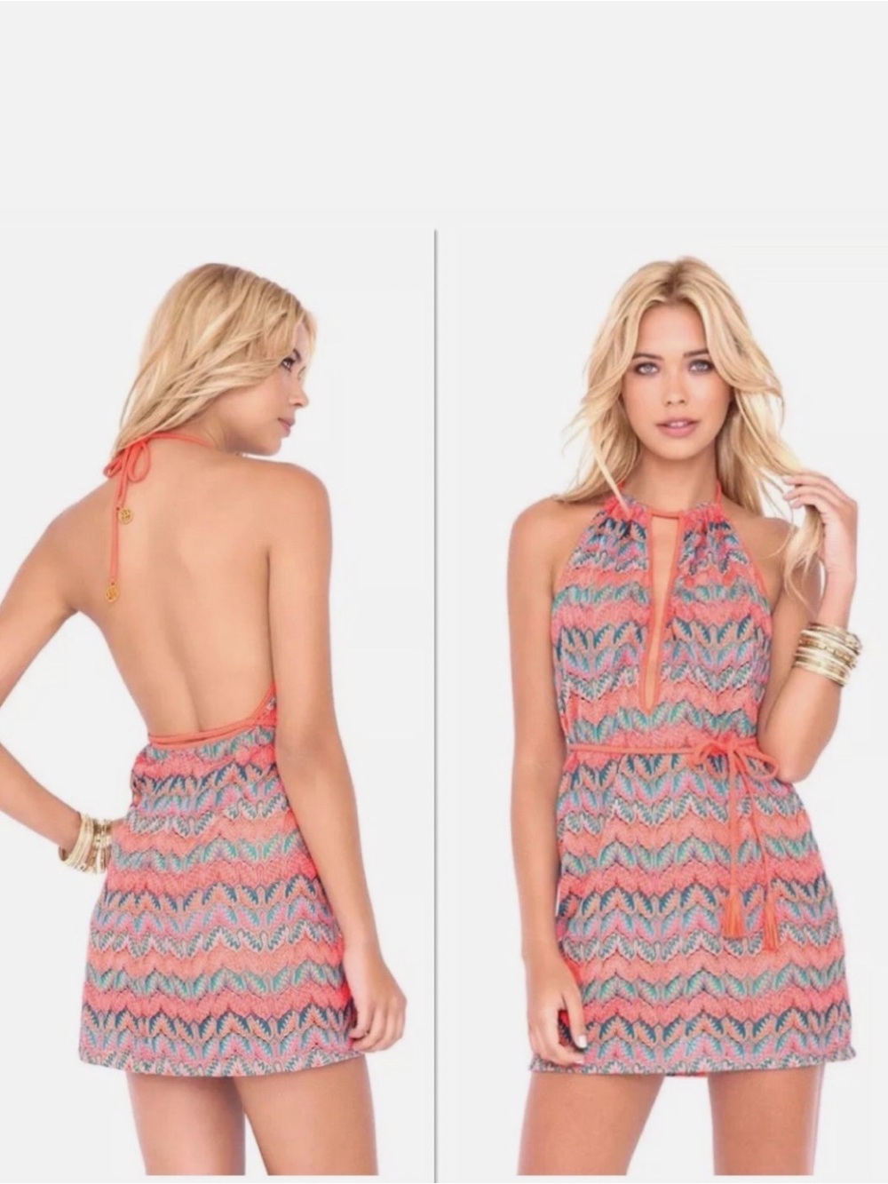 Luli Fama Coral Multi Chevron Vibrant Halter-Neck Swim Coverup Dress